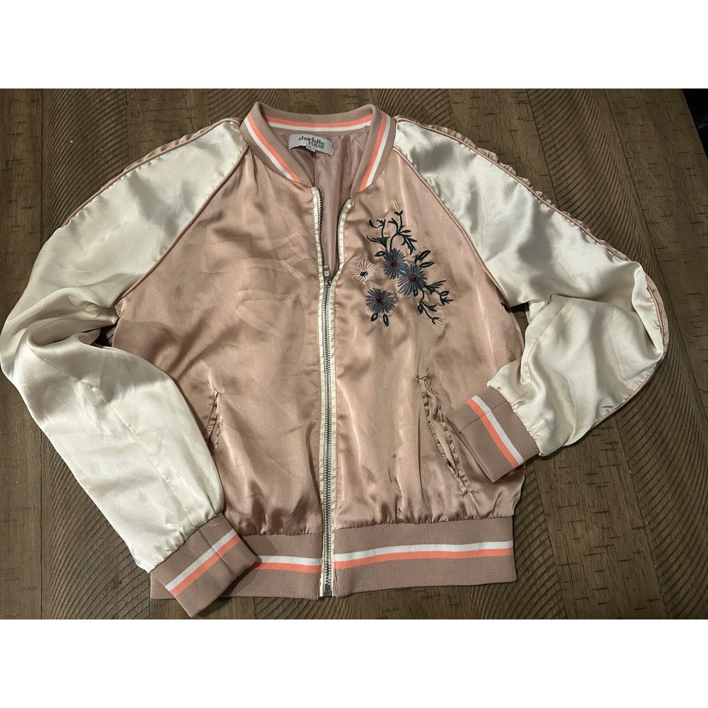 Charlotte Russe Floral Embroidered Satin Bomber Jacket in Dusty Rose Size Small